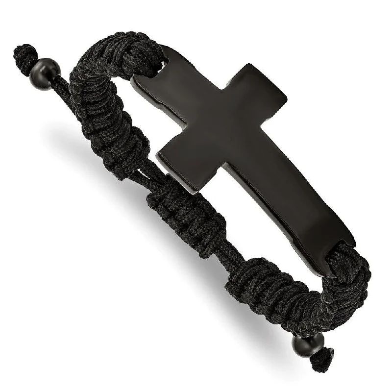 Stainless Steel Polished Black IP Black Nylon Adjustable Cross Bracelet