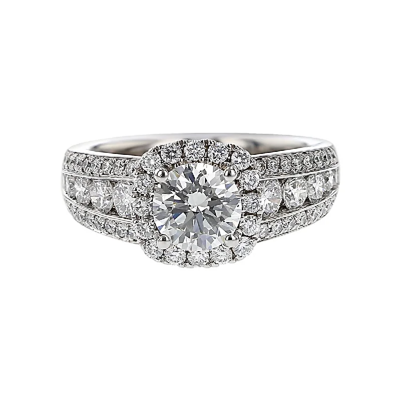 18K White Gold Diamond Halo 3 Row Engagement Ring