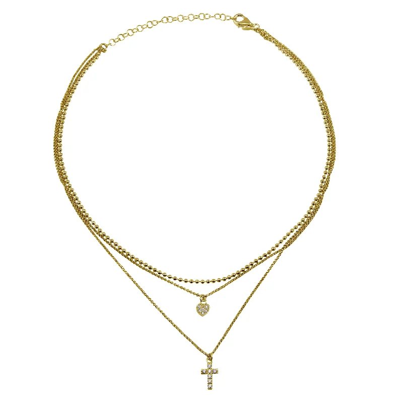 Gold Plated 925 Sterling Silver Triple Beaded Chain CZ Heart, Cross Necklace - ITN00123GP