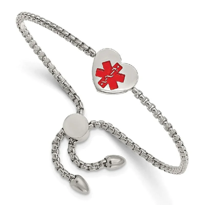 Stainless Steel Polished Red Enamel Heart Medical ID Adjustable Bracelet