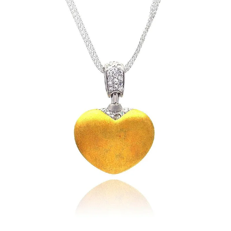 Clearance-Silver 925 Gold Plated Clear CZ Heart Pendant Necklace - STP00680