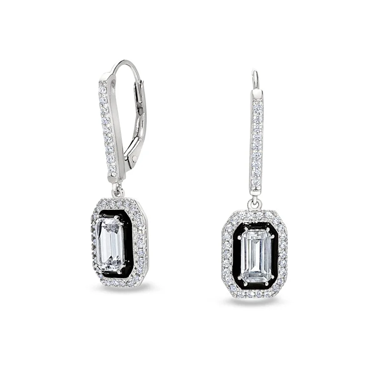 Platinum Finish Sterling Silver Micropave Octagon Earrings with Black Enamel and Simulated Diamonds