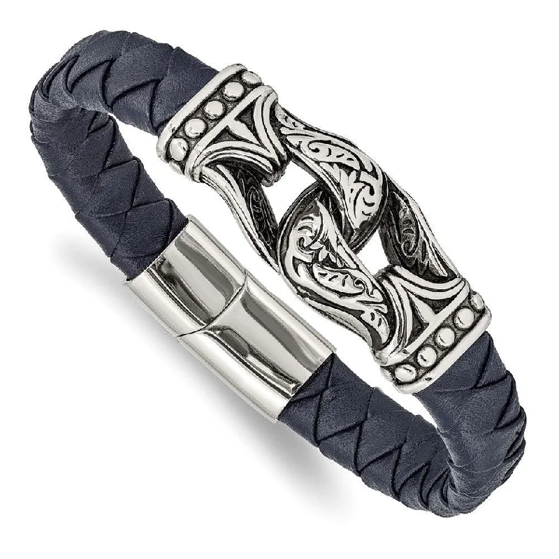 Stainless Steel Antiqued and Polished Blue Leather 8.75in Bracelet