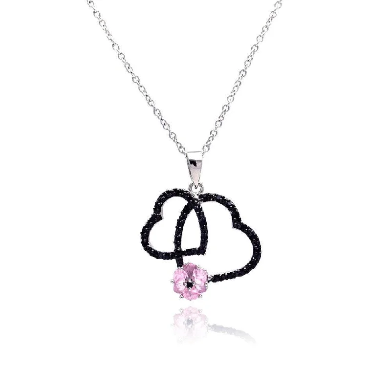 Silver 925 Black Rhodium Plated Open Double Heart CZ Pink Pearl Necklace - BGP00138