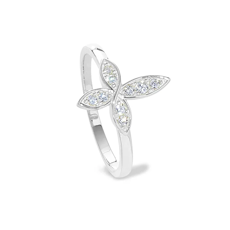 Platinum Finish Sterling Silver Micropave Marquis Cross Ring with Simulated Diamonds - size 5