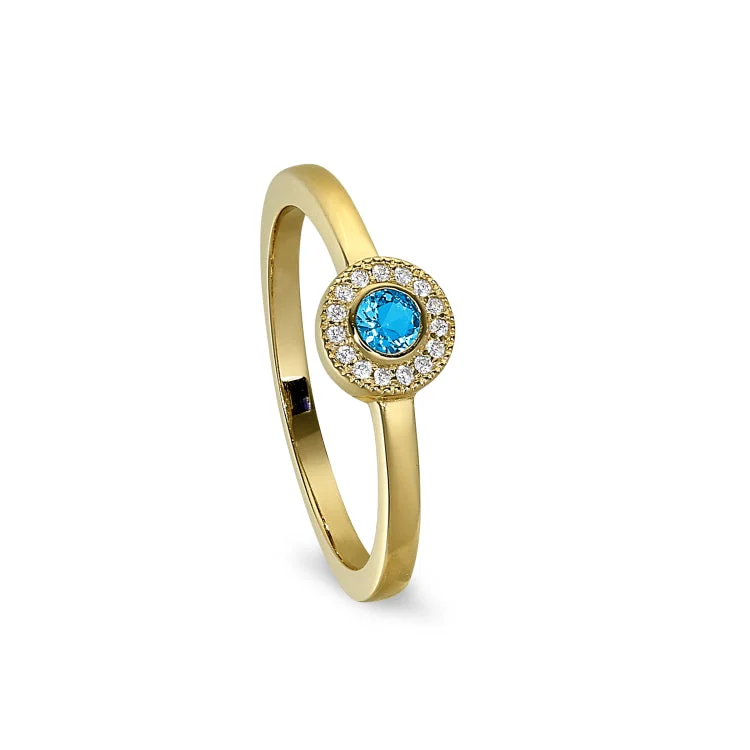 Gold Finish Sterling Silver Micropave Round Simulated Blue Topaz Ring with Simulated Diamonds Size 8