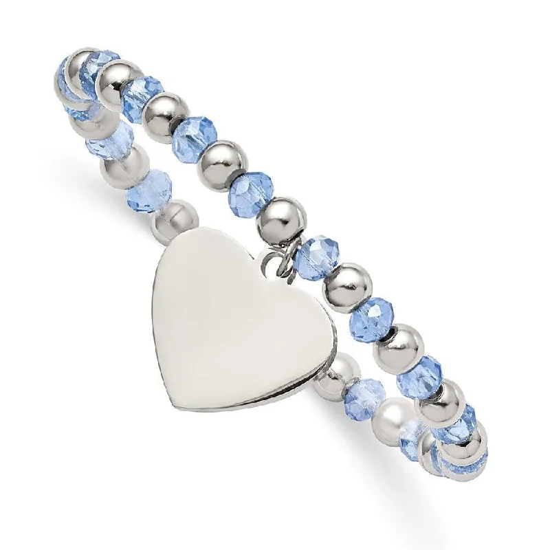 Stainless Steel Polished w/Blue Glass Beads Heart Dangle Stretch Bracelet