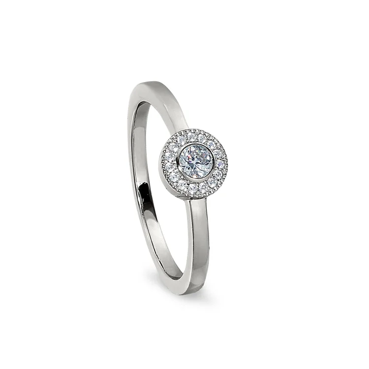 Platinum Finish Sterling Silver Micropave Round Simulated Diamond Ring with Simulated Diamonds Size 5