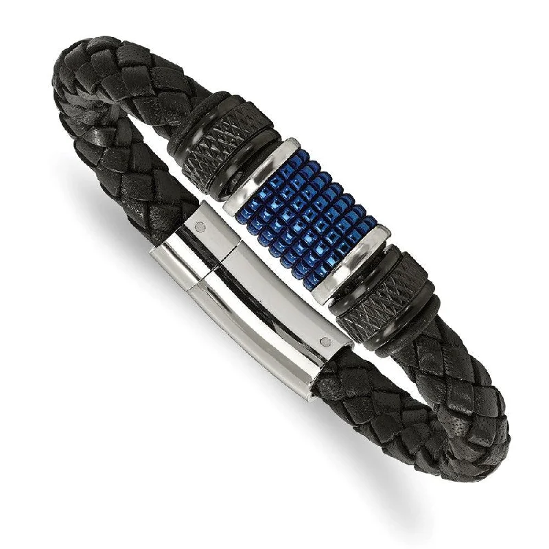 Stainless Steel Polished Blk & Blue IP Blk Rubber Blk Leather Bracelet