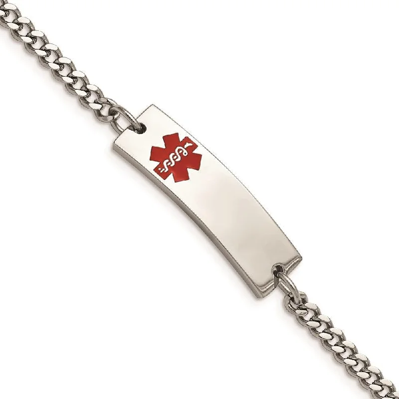 Stainless Steel Polished w/Red Enamel 8.75in Medical ID Bracelet