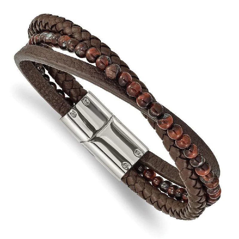 Stainless Steel Polished with Tiger's Eye Brown Leather 8.25in Bracelet