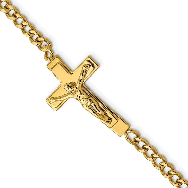 Stainless Steel Polished Yellow IP-plated Crucifix 8in Bracelet