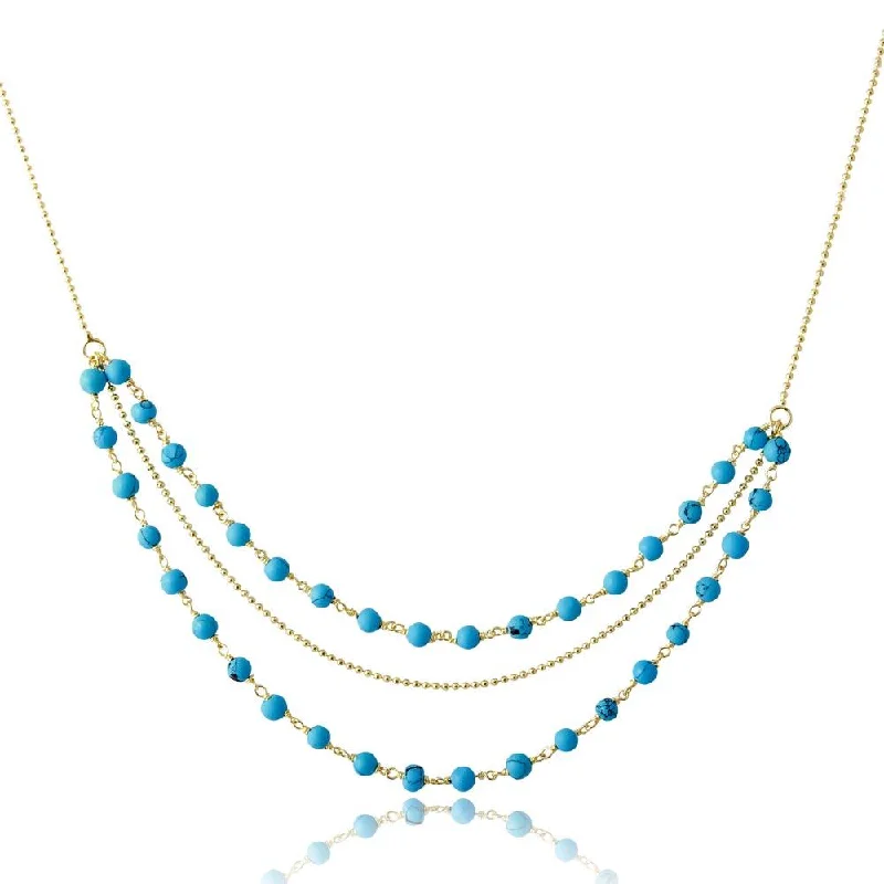 Gold Plated 925 Sterling Silver Triple Strand Turquoise Bead Necklace - DIN00071GP