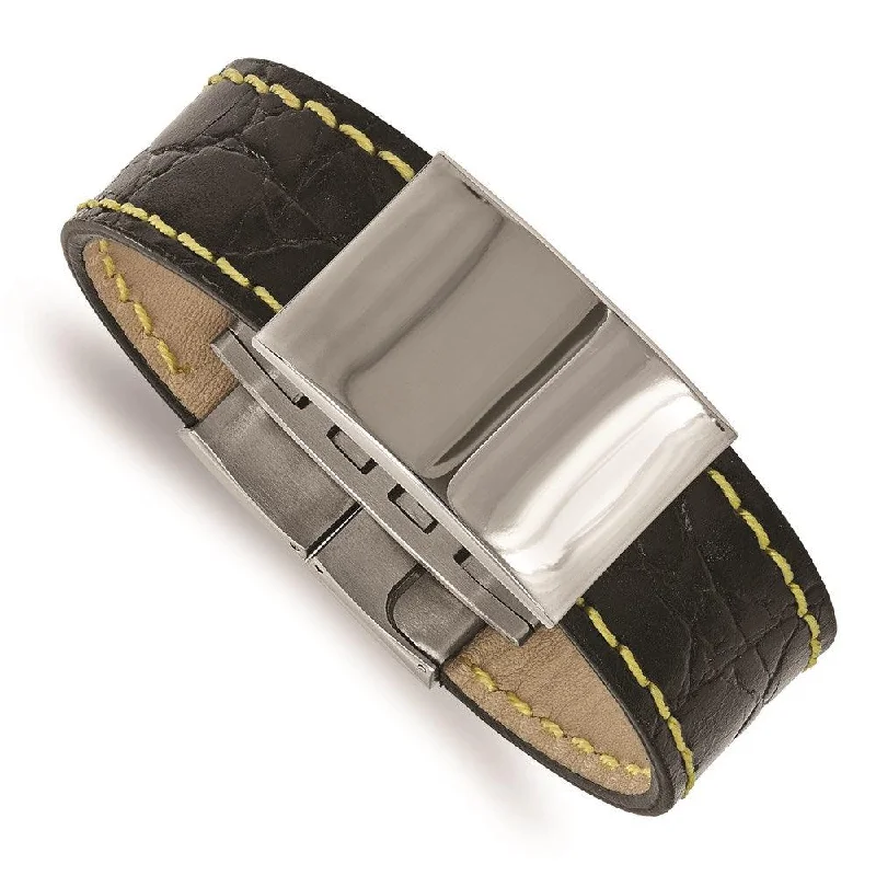 Stainless Steel Polished Black Leather/Yellow Stitch ID Bracelet