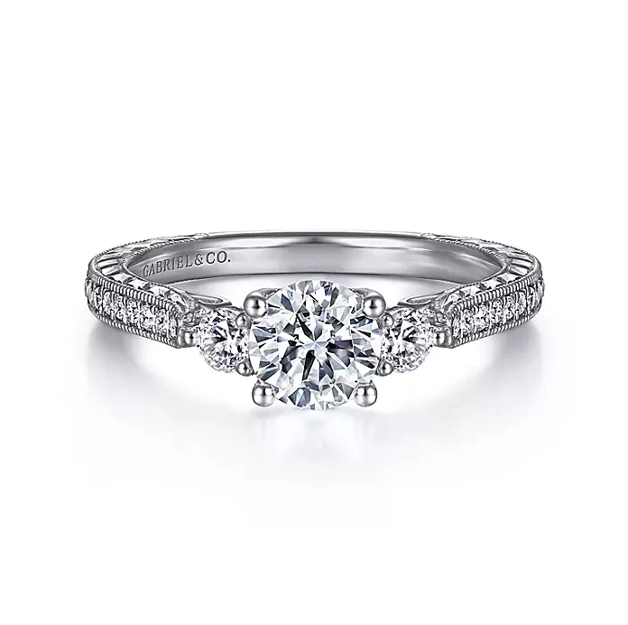 Georgina - Vintage Inspired 14K White Gold Round Three Stone Diamond Engagement Ring