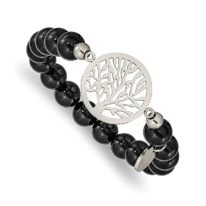 Stainless Steel Polished tree of Life Black Agate Beaded Stretch Bracelet