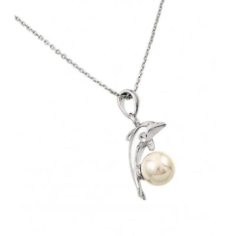 Silver 925 Rhodium Plated Dolphin Leaping Over Pearl Pendant Necklace - BGP00874