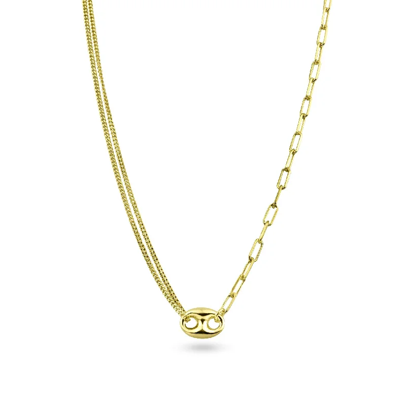 Gold Plated 925 Sterling Silver Puffed Mariner Double Strand Curb and Single Paperclip Adjustable Link Necklace - ITN00157-GP