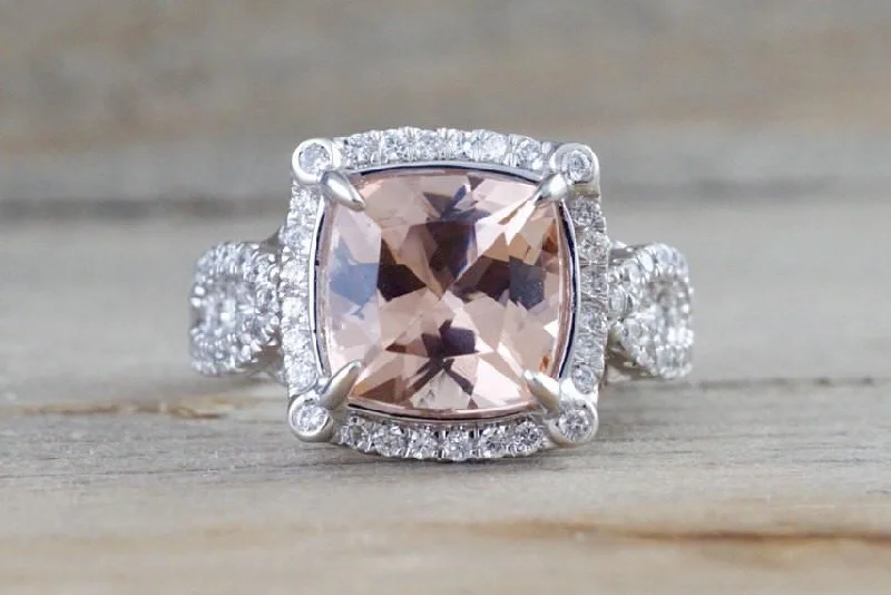 18k White Gold Cushion Cut Morganite Diamond Halo Engagement Ring Vintage Vine Checkerboard 14mm