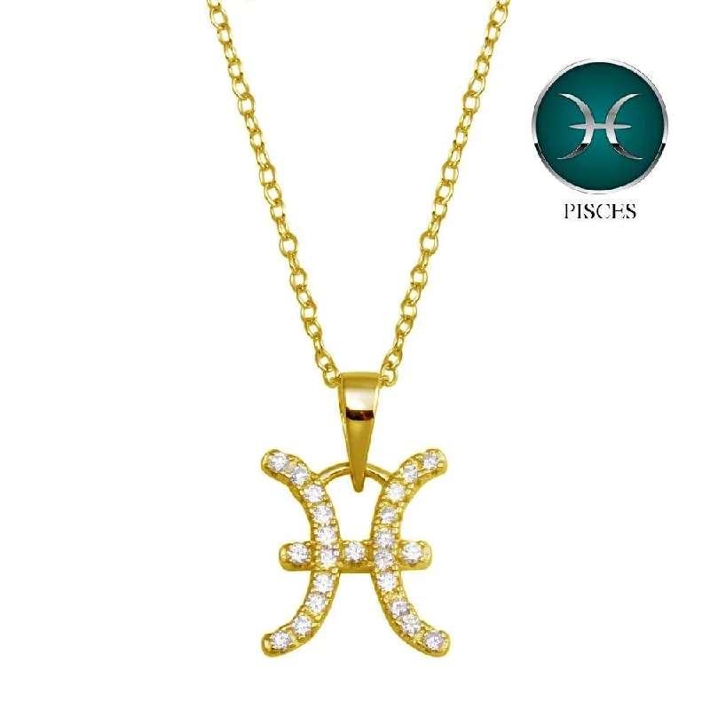 Gold Plated 925 Sterling Silver Pisces CZ Zodiac Sign Necklace - BGP01329GP