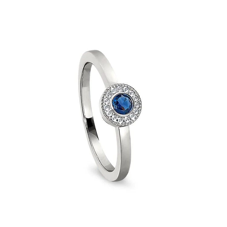 Platinum Finish Sterling Silver Micropave Round Simulated Sapphire Ring with Simulated Diamonds Size 7