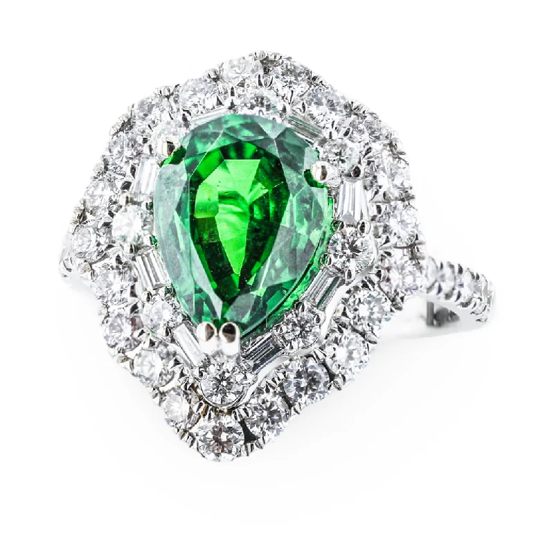 JULEVE 14KT WHITE GOLD 2.62CT TSAVORITE & 1.21CTW SCALLOPED DIAMOND HALO RING