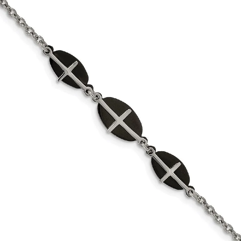 Stainless Steel Polished Black IP-plated 7in w/1in ext. Cross Bracelet