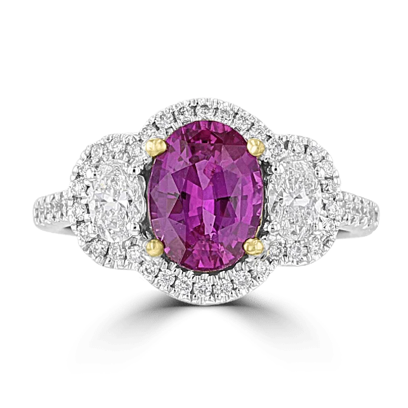 JULEVE 18KT 2.01 CT MAGENTA SAPPHIRE & .73 CTW DIAMOND 3 STONE HALO RING