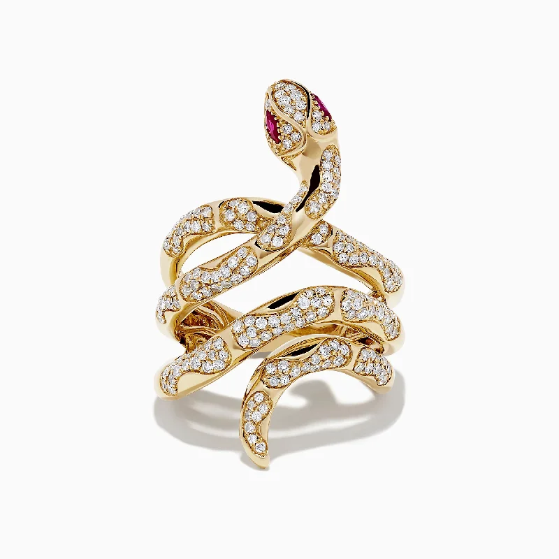 Safari 14K Yellow Gold Diamond and Ruby Snake Ring, 0.89 TCW