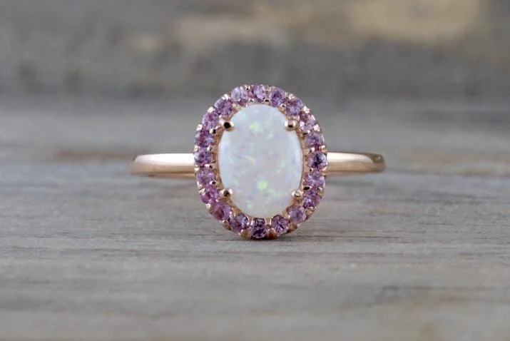 14k Rose Gold Oval Fire Opal And Pink Sapphire Halo Engagement Love Anniversary Ring