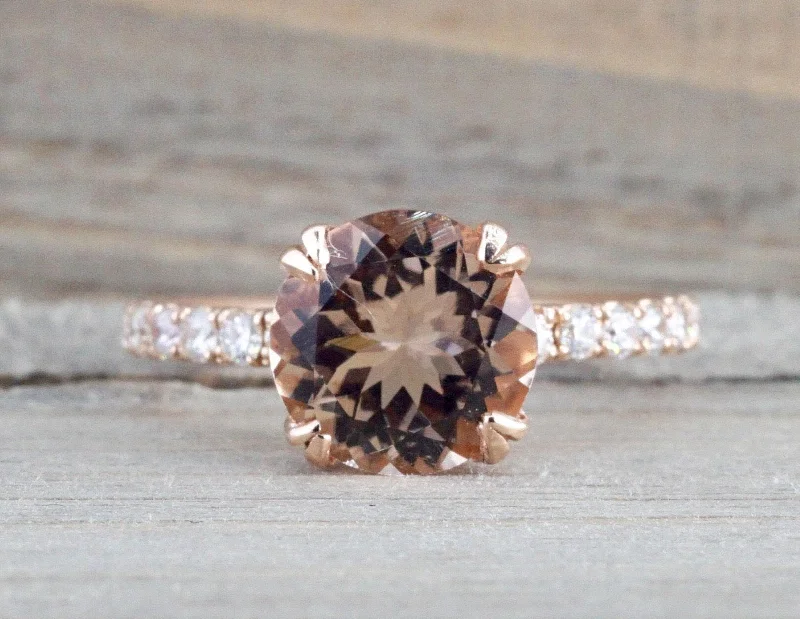 14k Rose Gold Diamond Round Peach Pink Morganite Solitaire Engagement Promise Love Anniversary Ring 9mm