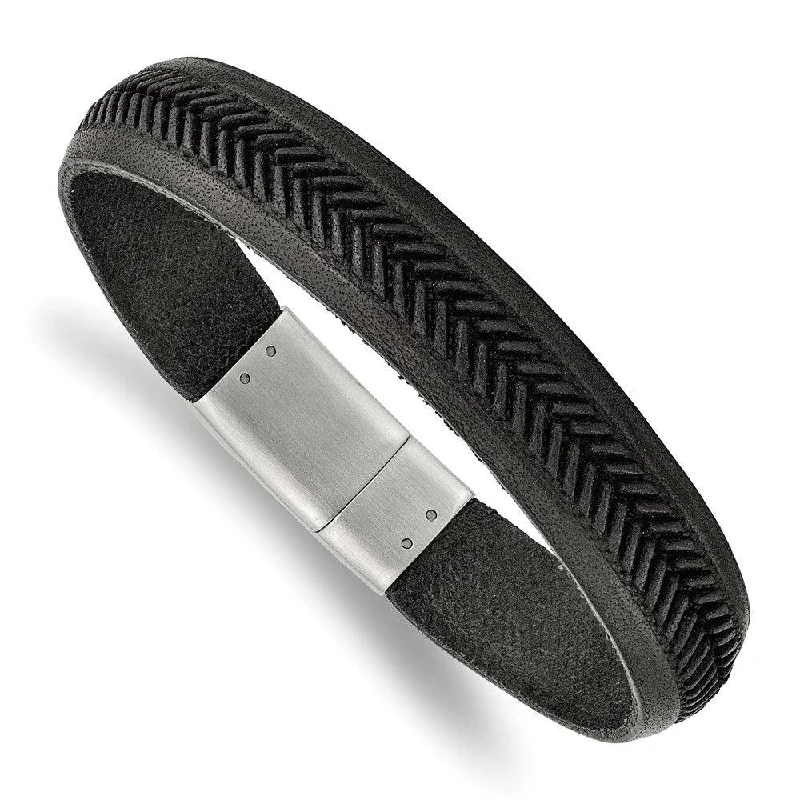 Stainless Steel Polished Black Italian Leather 8.75in Bracelet