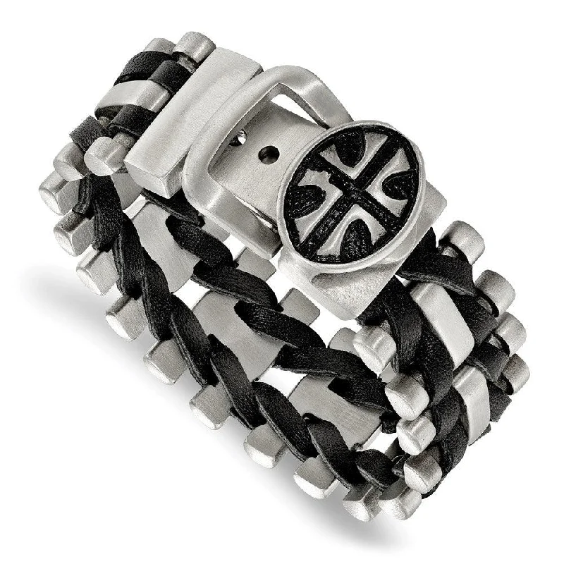 Stainless Steel Brushed Antiqued Textured Adj. Cross Blk Leather Bracelet