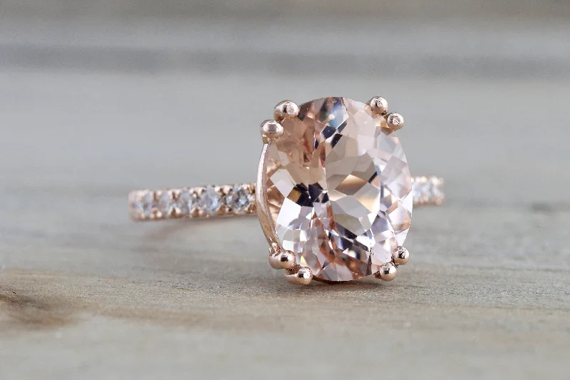 14k Rose Gold Elongated Oval Cut Pink Morganite Diamond Engagement Ring