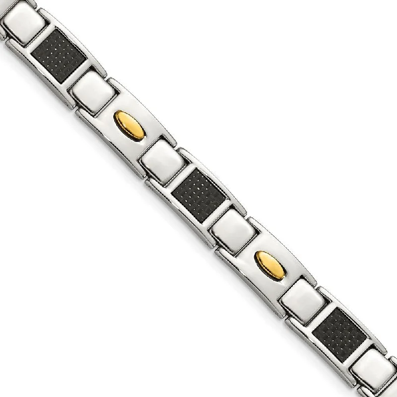 Stainless Steel Polished Black Carbon Fiber Inlay & Yellow IP Bracelet