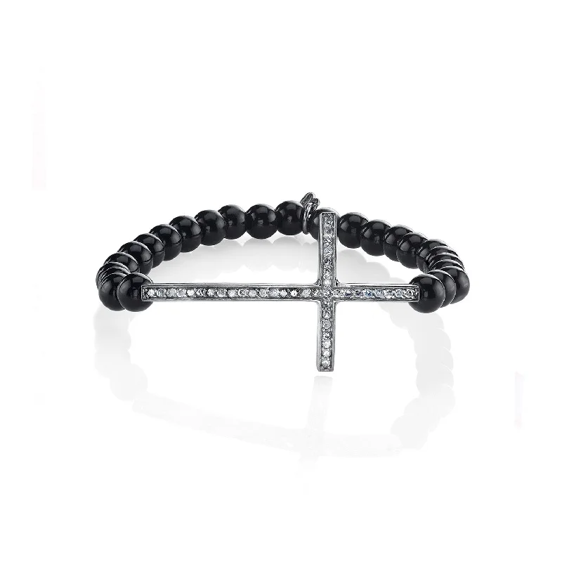 Black Onyx Bracelet with Diamond Cross - 6mm