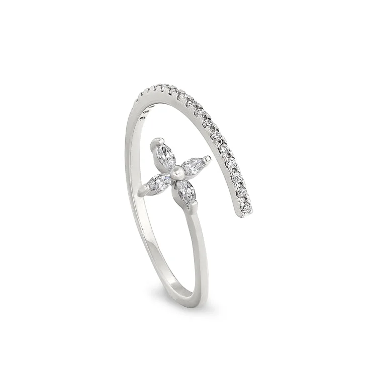 Platinum Finish Sterling Silver Micropave Adjustable Twist Flower Ring with Simulated Diamonds