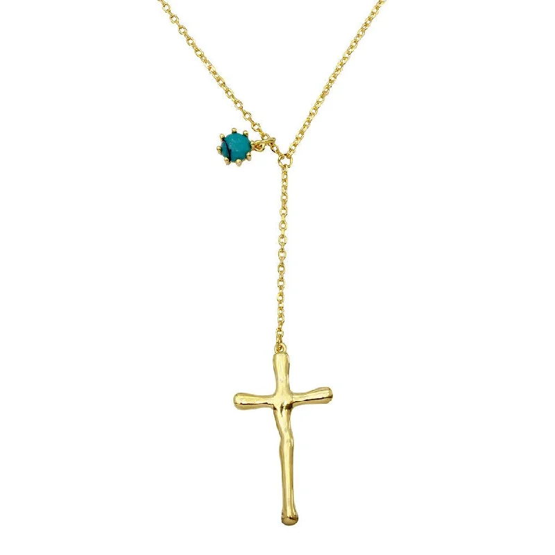 Gold Plated 925 Sterling Silver Cross Necklace with Turquoise Bead Charm - BGP01135