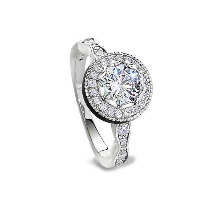 Platinum Finish Sterling Silver Micropave Round Halo Ring with Simulated Diamonds - Size 5