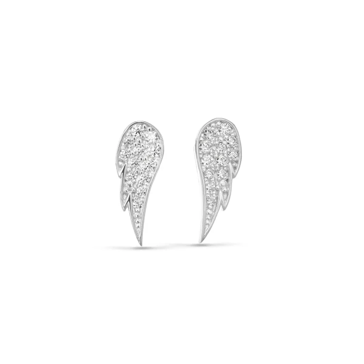 Platinum Finish Sterling Silver Micropave Angel Wing Earrings with Simmulated Diamonds