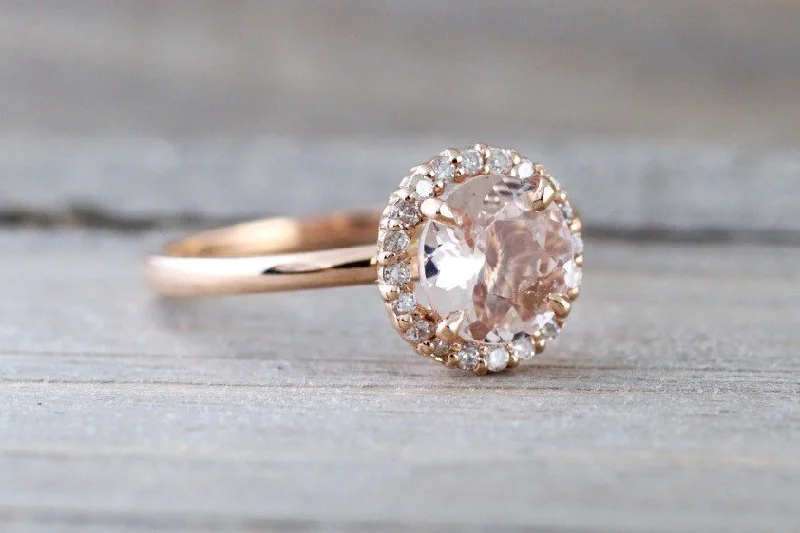 14k Rose Gold Round 6mm Morganite Pink Peach Champagne Beige Diamond Halo Engagement Ring Crown Vintage