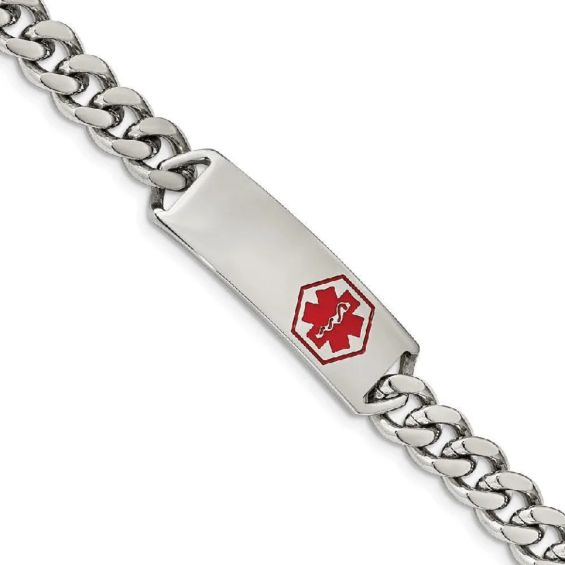 Stainless Steel Polished with Red Enamel 8in Medical ID Bracelet