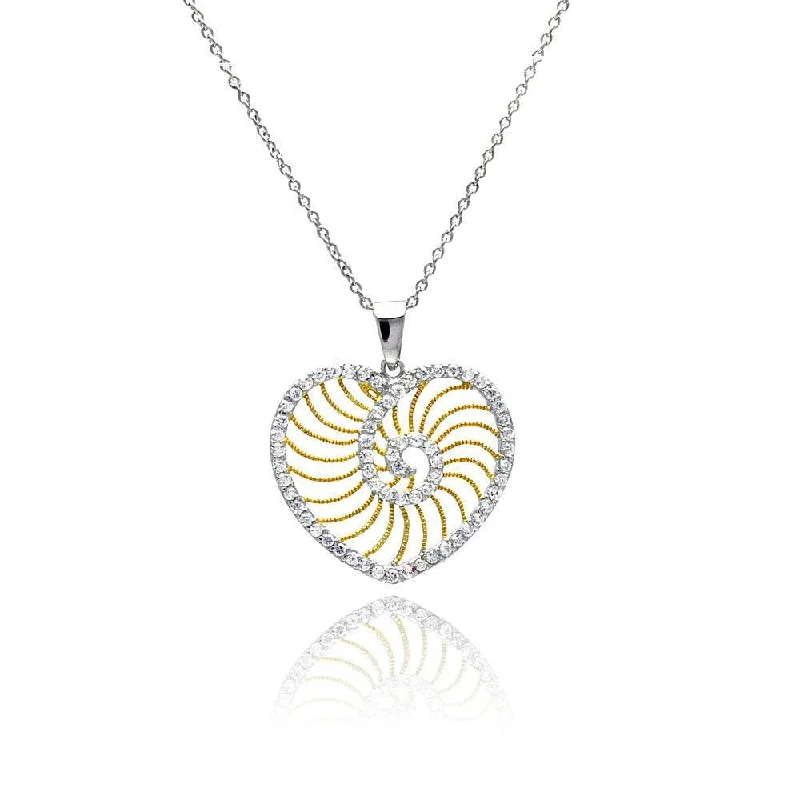 Clearance-Silver 925 Rhodium Plated Clear CZ Heart Gold Plated Swirl Pendant Necklace - STP00838