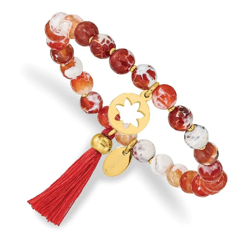 Stainless Steel Polished Yellow IP Flower Orange Agate Stretch Bracelet