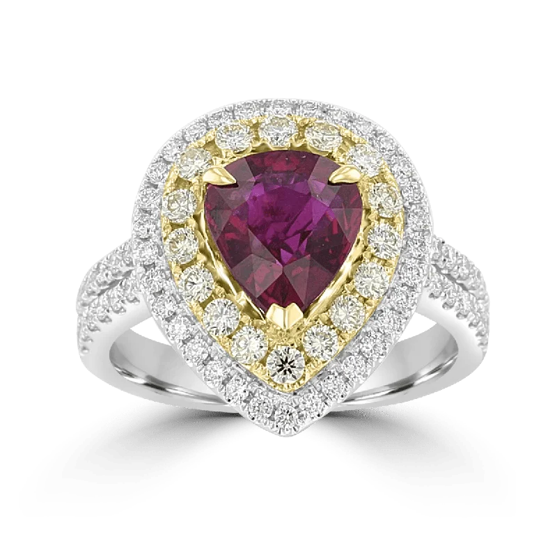 JULEVE 18KT 2.38 CTW RUBY & .99 CTW DIAMOND DOUBLE PEAR HALO RING