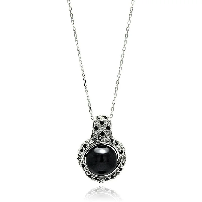 Clearance-Silver 925 Rhodium Plated Round CZ Black Center Pearl Necklace - BGP00573