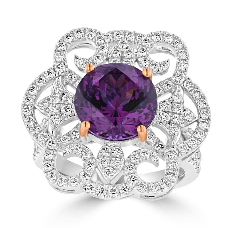 JULEVE 18KT WHITE GOLD 5.26 CT PINK GARNET & 1.22 CTW DIAMOND HALO RING