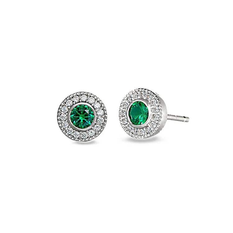 Platinum Finish Sterling Silver Micropave Round Simulated Emerald Earrings with Simulated Diamonds