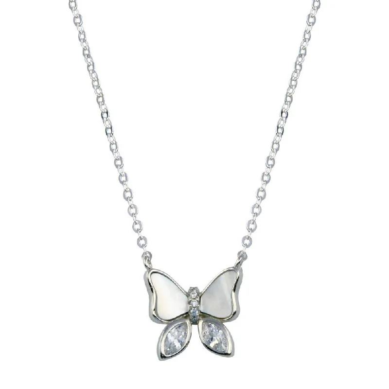 Rhodium Plated 925 Sterling Silver Butterfly CZ Mother of Pearl Necklace - STP01765