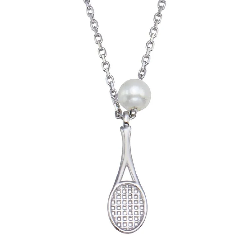 Rhodium Plated 925 Sterling Silver Synthetic Mother of Pearl Tennis Racket Necklace - GMN00095